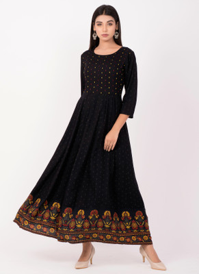 Karagre Women Printed Anarkali Kurta(Black)