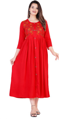 DMP FASHION Women Embroidered Flared Kurta(Red)