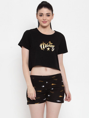 Claura Women Printed Black Top & Shorts Set