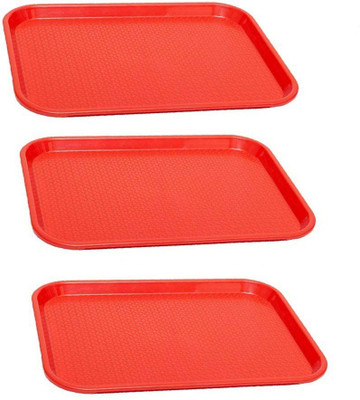 swift international Serving Tray Platter Rectangular Shape Plastic Trays for Drink Breakfast Tea Dinner Coffee Salad Food for Dinning Table Home Kitchen 11x14 Inches Red Set of 3 Tray(Pack of 3)