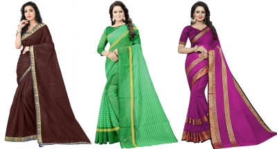 Suali Striped, Solid/Plain, Checkered Daily Wear Art Silk, Cotton Silk Saree(Pack of 3, Green, Brown, Pink)