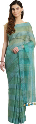 Kalakari India Self Design Handloom Linen Saree(Blue)