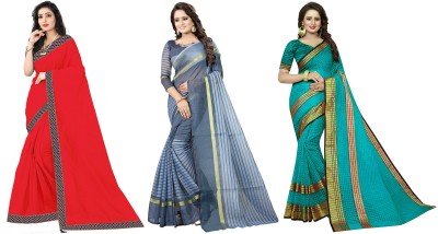 Suali Striped, Solid/Plain, Checkered Daily Wear Art Silk, Cotton Silk Saree(Pack of 3, Dark Green, Red, Grey)
