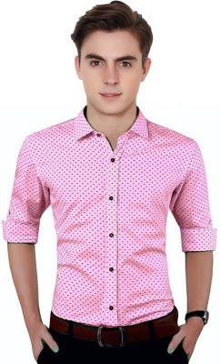 FASHLOOK Men Polka Print Casual Pink, Black Shirt