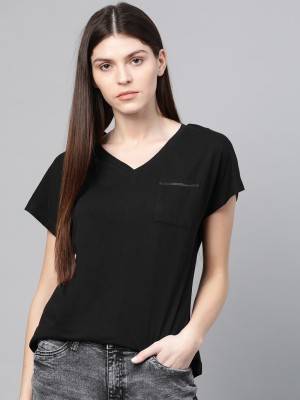 Roadster Solid Women V Neck Black T-Shirt