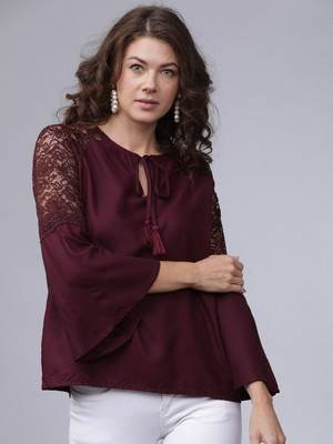 Tokyo Talkies Casual 3/4 Sleeve Solid Women Maroon Top