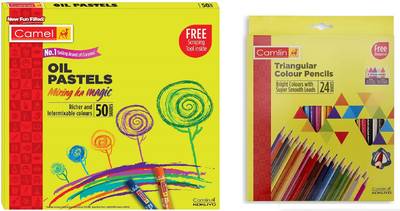Camlin Set Of 50 Shades Oil Pastels and 24 Shades Triangular Pencil Colours