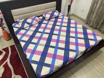 TIB 220 TC Cotton King Checkered Fitted (Elastic) Bedsheet(Pack of 1, Pink, Blue, Grey)