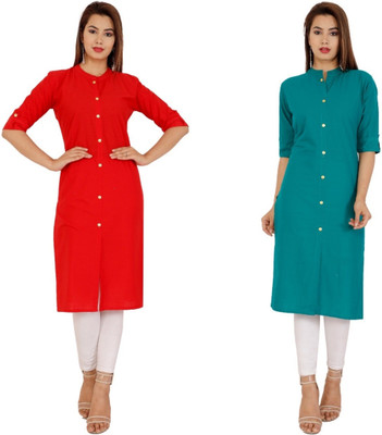 Rimeline Women Solid Frontslit Kurta(Red, Green)