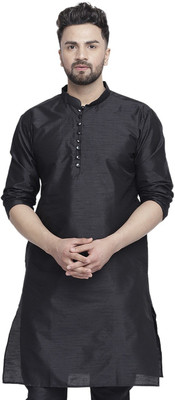 B BEN Men Self Design Straight Kurta(Black)