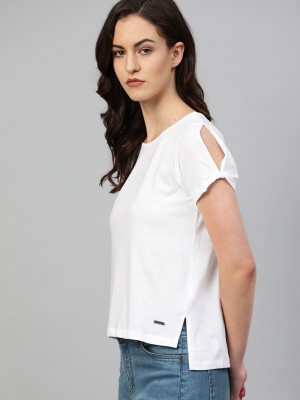 Roadster Solid Women Round Neck White T-Shirt