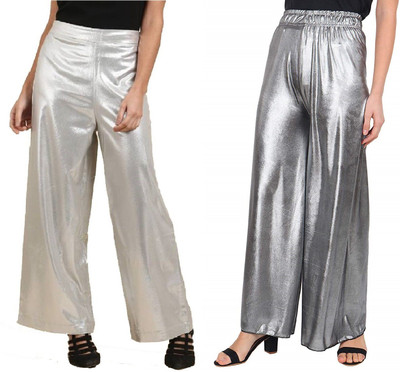 SriSaras Regular Fit, Flared, Relaxed Women Silver Trousers