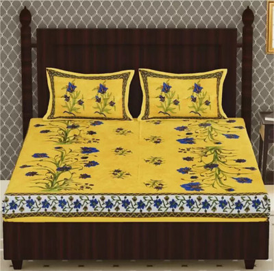 Diksha Cotton Queen Flat 144 TC Printed Bedsheet(Pack of 1, Yellow, Blue)