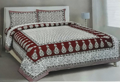 Fantazy 300 TC Cotton Double Jaipuri Prints Flat Bedsheet(Pack of 1, Marroon base)