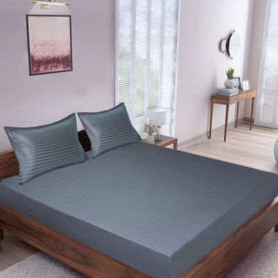 Texlux Cotton King Flat 250 TC Striped Bedsheet(Pack of 1, Grey)