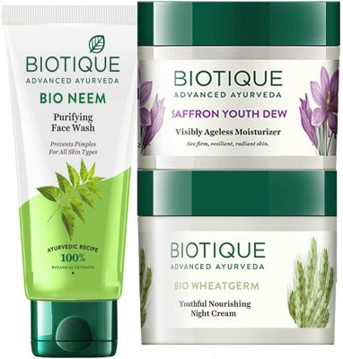 BIOTIQUE Youth Glow Face Skin Care Pack - Bio Neem Face Wash 200ml, Bio Wheat Germ Nourishing Night Cream 50GM, Bio Saffron Dew Youthful Day cream 50GM(3 Items in the set)