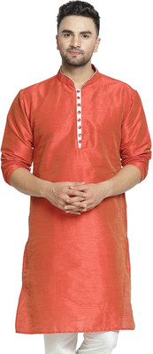 B BEN Men Solid Trail Cut Kurta(Orange)