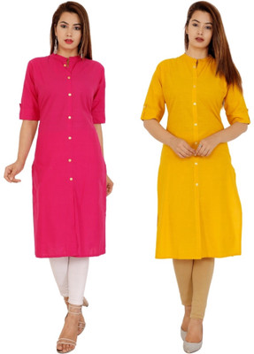 Rimeline Women Solid Straight Kurta(Pink, Yellow)