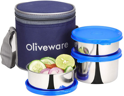 Oliveware Stainless Steel Containers | Idle for Office Use | Insulated Fabric Bag 3 Containers Lunch Box(690 ml, Thermoware)