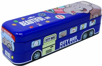 Quinergys Cartoon Pencil Box Bus Shape Art Metal Pencil Box(Set of 1, Blue)