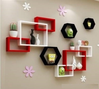 DECORASIA Beautiful Decorative Multiple Shape wooden wall shelves for home , office or other multi purpose utility. Wooden Wall Shelf(Number of Shelves - 9, Red, White)
