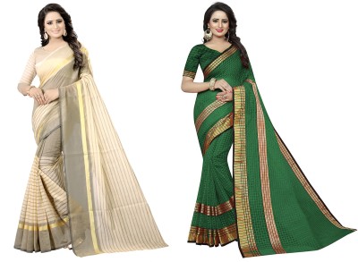 Samai Striped, Checkered Daily Wear Cotton Silk Saree(Pack of 2, Dark Green, Beige)