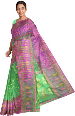 Pradip Fabrics Woven Tant Silk Blend Saree(Pink, Light Green)