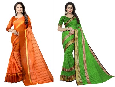 Suali Striped, Checkered Daily Wear Cotton Silk Saree(Pack of 2, Orange, Light Green)