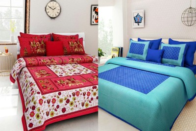 Chirag Traders 151 TC Cotton Double Printed Flat Bedsheet(Pack of 2, Red, Blue)