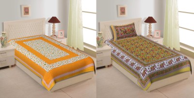 Indram 144 TC Cotton Single Printed Flat Bedsheet(Pack of 2, Yellow)