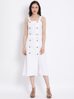OXOLLOXO Women A-line White Below Knee Dress