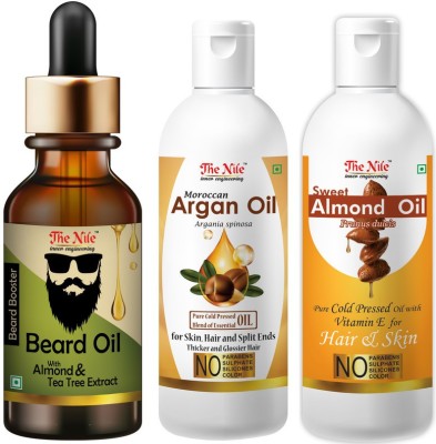 The Nile Beard Oil with Almond and Tea Tree Extract Beard Booster 30 ML + Moroccan Argan Hair Oil Pure Cold Pressed Blend of Essential Oil for Skin, Hair and Split Ends Thicker and Glossier Hair 150 ML + SWEET ALMOND OIL with Vitamin E for Hair Regrowth & Body Oil 150 ML Hair Oil(330 ml)