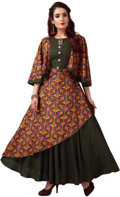 Bhavna Textiles Women Printed Anarkali Kurta(Green)