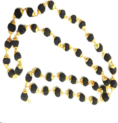 royalle Black 5 Mukhi Rudraksha Rudraksh Mala in Gold Plated Caps Wood, Copper Chain