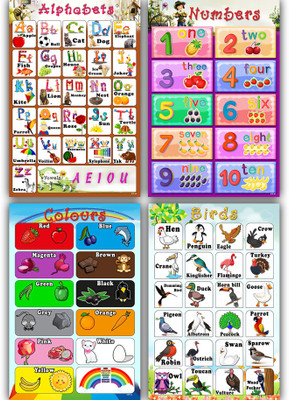 Set of 4 ABCD,1-10 numbers,colour and birds Alphabet Charts Wall Poster for Room Décor-01-02-03-04- Paper Print(18 inch X 12 inch, rolled)