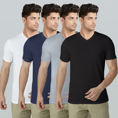 BLIVE Solid Men V Neck Multicolor T-Shirt(Pack of 4)
