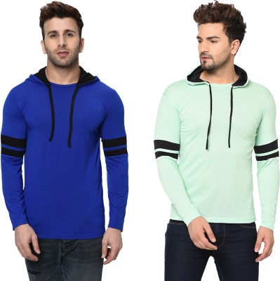 Moordale Striped Men Hooded Neck Blue, Light Green T-Shirt