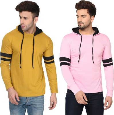 Moordale Striped Men Hooded Neck Pink, Black, Yellow T-Shirt