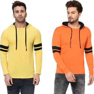 Bribzy Solid Men Hooded Neck Orange, Yellow T-Shirt