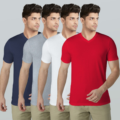 BLIVE Solid Men V Neck Multicolor T-Shirt(Pack of 4)