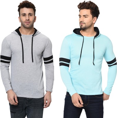 Adorbs Solid Men Hooded Neck Grey, Light Blue T-Shirt