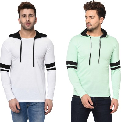 Bribzy Solid Men Hooded Neck White, Green T-Shirt