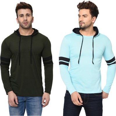 Bribzy Solid Men Hooded Neck Dark Green, Light Blue T-Shirt