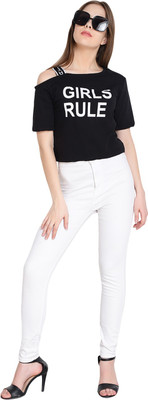 Raabta Fashion Casual Half Sleeve Ethnic Motifs Women Black Top