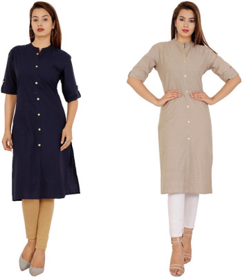 Rimeline Women Solid Straight Kurta(Dark Blue, Grey)