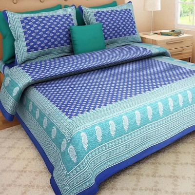 Rajasthani Jaipuri Traditional Print 144 TC Cotton Double Floral Flat Bedsheet(Pack of 1, Blue)