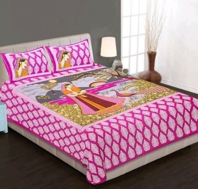 Sakshi Enterprises 151 TC Cotton Double Jaipuri Prints Flat Bedsheet(Pack of 1, Pink)