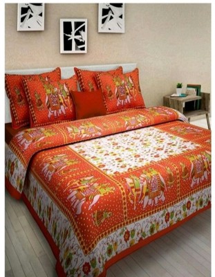 Sakshi Enterprises 151 TC Cotton Double Jaipuri Prints Flat Bedsheet(Pack of 1, Orange)