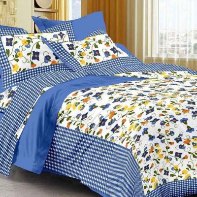 Kanha Online Shopping 200 TC Cotton Double Floral Flat Bedsheet(Pack of 1, White, Blue)