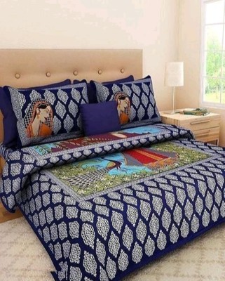 Sakshi Enterprises 151 TC Cotton Double Jaipuri Prints Flat Bedsheet(Pack of 1, Blue)